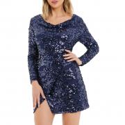 BD1689 Sexy Cowl Neck Slit Sequin Bodycon Mini Club Party Dress