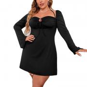 LN3514 Square Collar Hollow Out Sexy Mini Long Sleeve Sexy Mini Dress