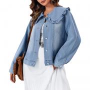 DT1277 Custom Jean Metal Button Jacket Peter Pan Collar Loose Fit Top