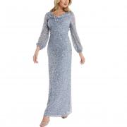 BD1122 Custom Cowl Neck Long Puff Sleeve Maxi Sequin Evening Dress