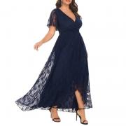 LC6413 Custom Elegant Ruffled V Neck A Line Lace Long Evening Dress