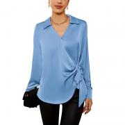 DT1052 Custom Satin Silk Blouses Wrap V Neck Shirts Tunic Tops