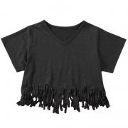 DT1128 Custom Black Fringe Hem V Neck Casual Short Sleeve T-Shirt