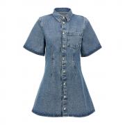 D598 Denim Button-Down Shirt Short Sleeves Flared Hem Dress