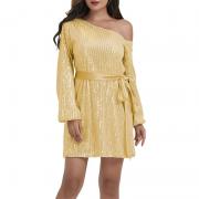 D8156 Custom Sparkly Sequin One Shoulder Long Sleeve Club Dress