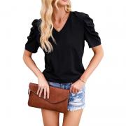 DT1123 Cotton T Shirts Pleated Puff Sleeve V-Neck Tee Shirt
