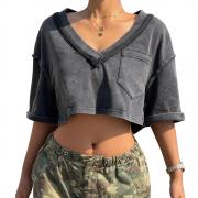 DT1380 Custom Washed Drop Shoulder V Neck Crop T-Shirts