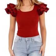 DT1383 Custom Ruffle Short Sleeve T Shirt Elegant Slim Fit Top