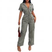 LJB10 Jumpsuits Waist Drawstring Cargo Short Sleeve Rompers