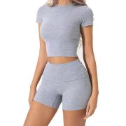 DS1033 Slim Fitted Short Sleeve Crop Tops Fold Over Shorts Sets