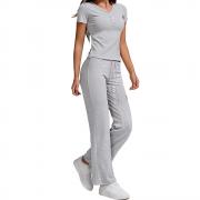 DS1034 Button Short Sleeve Crop Tops Drawstring Wide Leg Pants