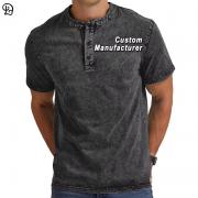 YT1019 Henley Collar Washed Black T-Shirts Retro Tee