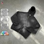 YT1178 Custom Vintage Washed Raw Edge Pocket Zip Up Hoodie